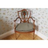 LATE NINETEENTH-CENTURY SATINWOOD AND PAINTED HEPPLEWHITE SALON CHAIR the shield shaped back with