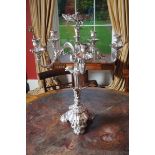 LARGE NINETEENTH-CENTURY SHEFFIELD PLATED FIVE BRANCH CANDELABRA of scroll arms with flower head