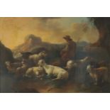 A mountainous landscape with a herdsman and a dog, sheep and goats, oil on canvas,