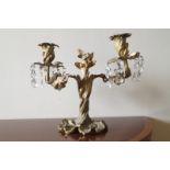 NINETEENTH-CENTURY ROCOCO ORMOLU AND CRYSTAL CANDELABRA of two scroll arms, raised on a stylised