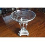 SILVER PLATED AND CRYSTAL CENTRE-PIECE the circular glass bowl, raised on bird head pillars,