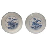 PAIR OF CHINESE BLUE AND WHITE BOWLS each decorated with birds on a pond, mark of Yongzheng on the