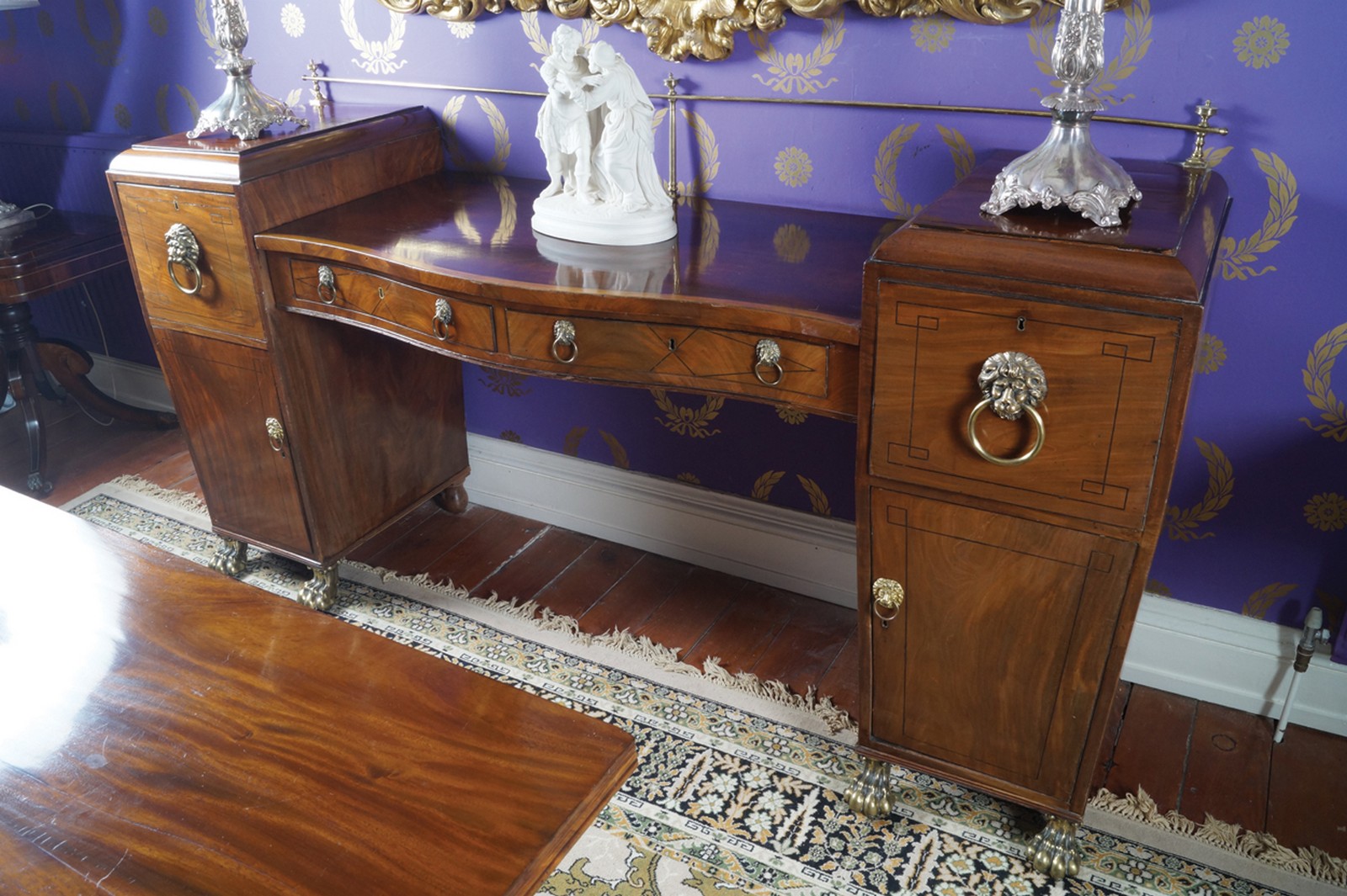 ﻿REGENCY PERIOD MAHOGANY, EBONY INLAID AND SATINWOOD BANDED PEDESTAL SIDEBOARD ﻿furnished with - Image 2 of 2