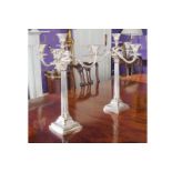 ﻿LARGE PAIR OF SHEFFIELD PLATED CANDELABRAS ﻿each of five lights with scroll arms, and Corinthian