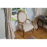 PAIR OF NINETEENTH-CENTURY PERIOD LOUIS XVI STYLE CARVED GILTWOOD ARM CHAIRS each with a carved C-