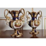 PAIR OF NINETEENTH-CENTURY PARCEL GILT AND PAINTED VASES each of baluster ribbed form with painted