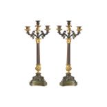 PAIR OF NINETEENTH-CENTURY GILT BRONZE, THREE BRANCH CANDELABRAS the scroll arms supported on a