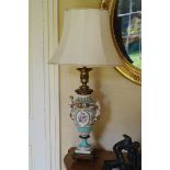PAIR OF LARGE ORMOLU MOUNTED PARIS PORCELAIN VASE STEMMED OIL LAMP BASES each with oval painted