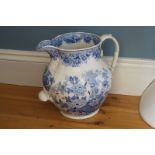 NINETEENTH-CENTURY BLUE AND WHITE JUG, POSSIBLY SPODE with scroll handle and scallop shaped lug