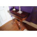 ﻿REGENCY PERIOD ROSEWOOD BRASS INLAID AND CROSSBANDED FOLD OVER CARD TABLE ﻿the rectangular shaped