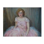 CATHRYN MIRKEN Portrait of a lady seated, wearing a butterfly decorated satin dress Signed oil on
