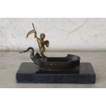 LATE NINETEENTH-CENTURY SCULPTURE of a bronze boat with a swan protruding from the bow, surmounted