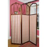 EDWARDIAN PERIOD MAHOGANY AND BOXWOOD STRING INLAID THREE-FOLD SCREEN with upholstered panels Direct