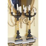 PAIR OF NINETEENTH-CENTURY BRONZE AND SIENNA MARBLE CANDELABRAS each of four lights, with three