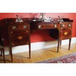GEORGE III PERIOD MAHOGANY AND SATINWOOD INLAID SHERATON SIDEBOARD the rectangular curved breakfront