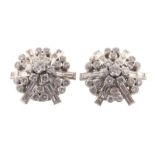 ﻿PAIR OF 1950s DIAMOND CLUSTER EARRINGS ﻿mounted in platinum with round brilliant and bagguette