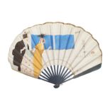 ART DECO PERIOD FOLDING FAN depicting a gentleman smoking a cigarette, helping a lady with her cloak