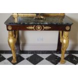 PAIR OF REGENCY PERIOD ROSEWOOD AND CARVED GILTWOOD CONSOLE TABLES each with a rectangular green