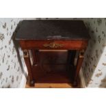 FRENCH EMPIRE PERIOD MAHOGANY AND BRASS MOUNTED CONSOLE TABLE the rectangular grey marble top, above