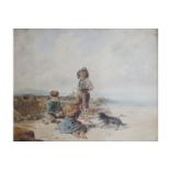 ENGLISH SCHOOL, NINETEENTH-CENTURY A beach scene, children in the foreground with a crab and dog