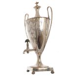 GEORGE III PERIOD CRESTED SHEFFIELD TEA URN with bright-cut decoration and scroll handles, raised on