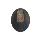 ﻿ENGLISH SCHOOL ﻿Portrait of a lady wearing black Oil on canvas oval, inscribed “Sua. Hopton” Direct