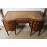 EDWARDIAN PERIOD MAHOGANY AND MARQUETRY KNEEHOLE WRITING DESK the tooled leather inset rectangular