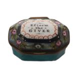 LATE EIGHTEENTH-CENTURY BRASS AND ENAMELLED PATCH BOX the lid inscribed ‘Efteem the giver’ Direct