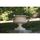 ﻿PAIR OF NINETEENTH-CENTURY CAST-IRON JARDINIÈRES ﻿each with a ribbed bowl raised on a turned