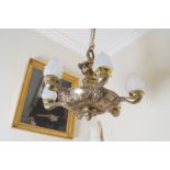 HEAVY NINETEENTH-CENTURY  BRASS SIX LIGHT CHANDELIER the circular swag and palmette decorated bowl