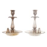 PAIR OF CRESTED SHEFFIELD PLATED CHAMBER CANDLESTICKS together with snuffer, bearing the trade