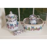 FOUR PIECE POLYCHROME DELPH TOILET SET Comprising: A foot bath, a slop-bowl and cover, a ewer and