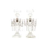 PAIR OF EARLY CUT GLASS CANDLE EPERGNES with lustres Direct all shipping enquiries to shipping@