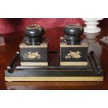 ﻿REGENCY PERIOD GILT BRONZE PEN AND INK STAND ﻿the pen stand mounted with square ink caddies,