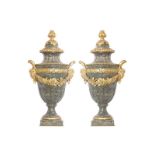 PAIR OF NINETEENTH-CENTURY ORMOLU MOUNTED GREEN MARBLE CASSOULETS each with Anora Livia mask