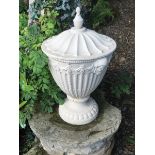 ﻿PAIR OF CLASSICAL CAST-IRON URNS AND COVERS ﻿each draped with swags and decorated with mask