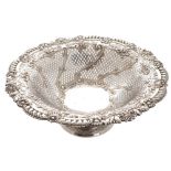 Silver fruit basket of circular serpentine form, with a gadrooned and scallop-shell decorated