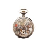 Early engraved silver pocket watch the enamelled dial decorated with a coaching scene Worldwide