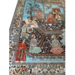 Handmade silk Royal Court pictorial Persian carpet, circa 1950s featuring a scene of a Persian