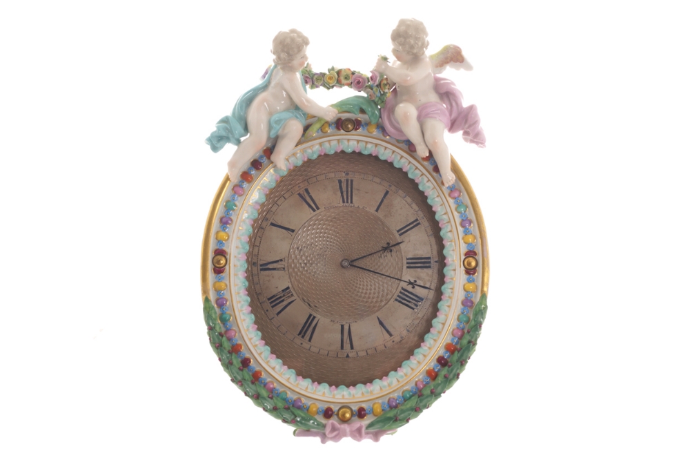 Nineteenth-century Meissen framed mantel clock with a silvered machine-turned decorated dial,