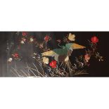 Oriental silk-embroidered wall hanging depicting a phoenix amongst exotic flowers Worldwide shipping