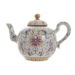 Chinese famille rose teapot decorated with scrolling lotus Mark of Jiaqing to the base Worldwide