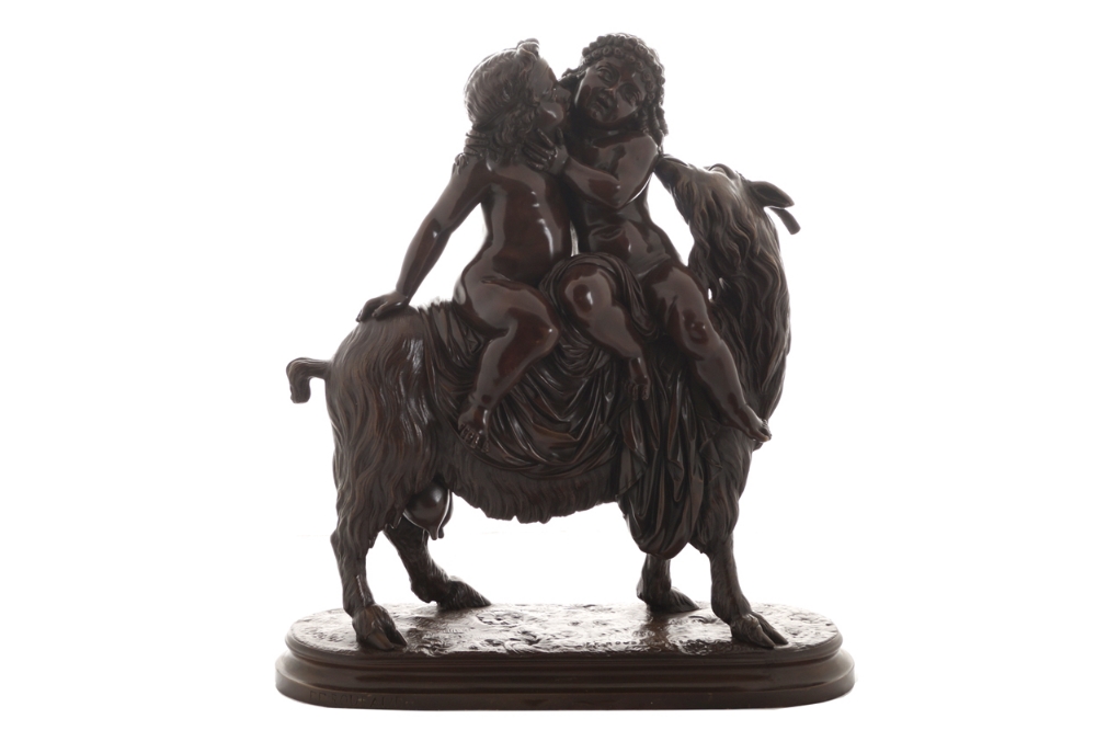 After F. F. Roubaud Bronze sculpture of two cherubs seated on a boat Worldwide shipping available: