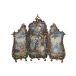 Enamelled and gilded brass three-fold screen with painted panels depicting figures in a landscape,