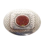 Georgian silver snuff box of oval form with engraved trellis pattern decoration and semi-precious