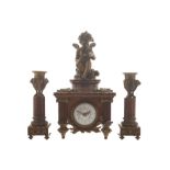 Nineteenth-century ormolu mounted burr walnut clock garniture the enamelled dial with painted floral