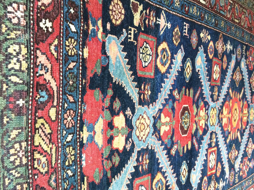 Caucasian rug vegetable dye, navy ground with red border Worldwide shipping available: shipping@