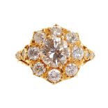 18 ct. yellow gold and diamond cluster ring centre stone 1.257 ct. surrounded by 1.2 ct. of