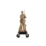 Japanese okimono on stand depicting a fisherman startled by an eagle Worldwide shipping available: