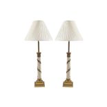 Large pair of enamelled and brass Ionic pillared table lamps and shades each raised on a square base